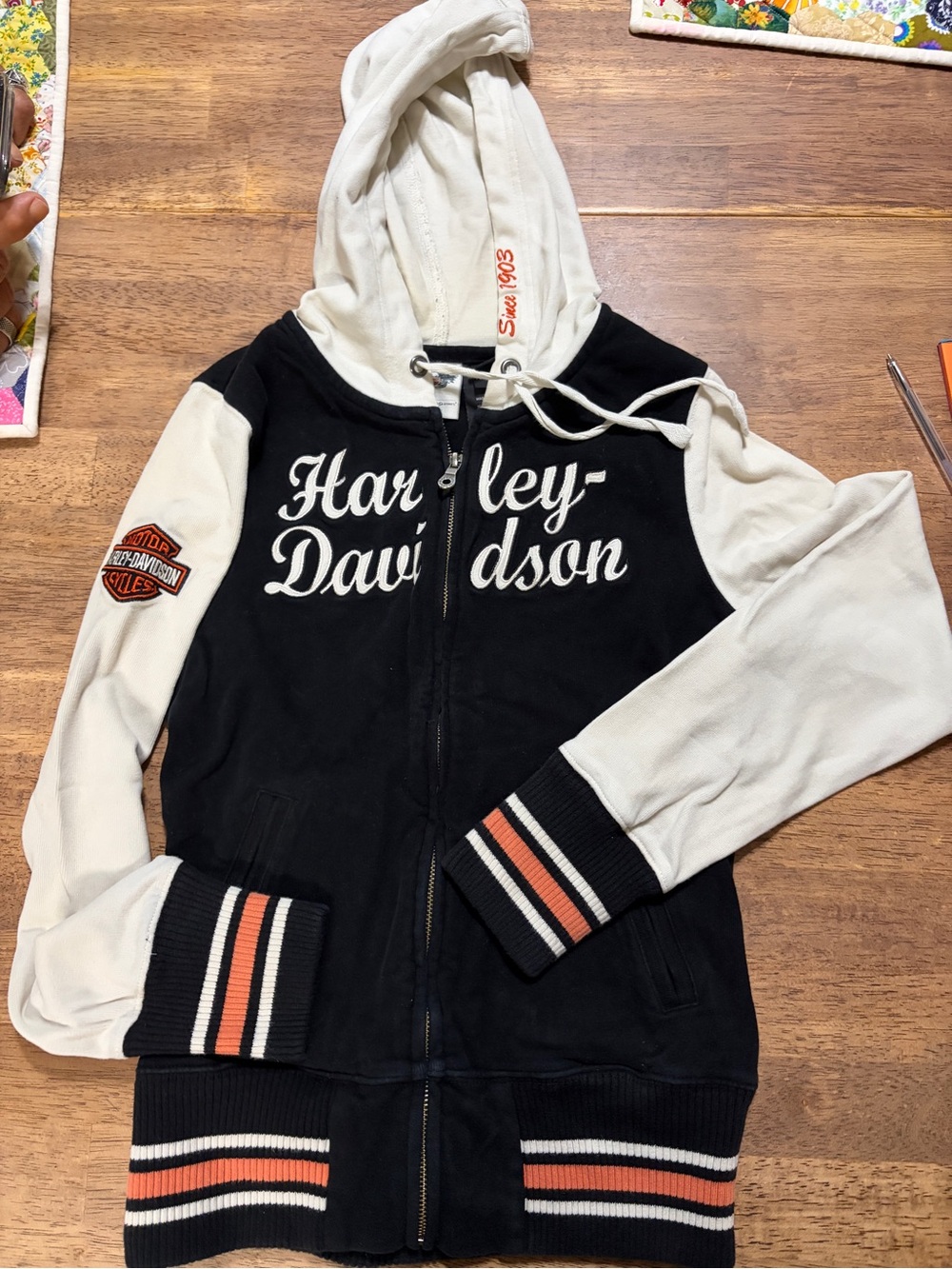 Harley-Davidson Black and Cream Zip-Up Hoodie with Striped Accents